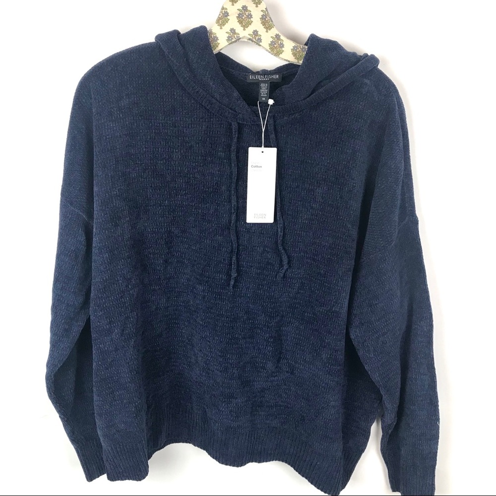 Eileen Fisher blue organic cotton sweater hooded